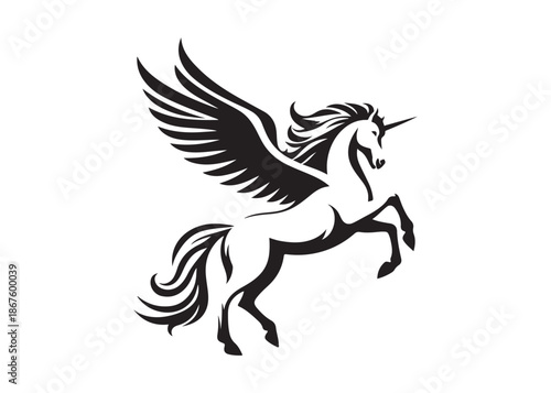 pegasus logo silhouette vector, horse with wings logo design icon vector illustration, magical fantasy horse vector silhouette, pegasus fly horse logo vector silhouette on white background