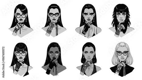 A captivating grid of eight distinct female character portraits, each exuding unique expressions and stylish accessories in monochrome.