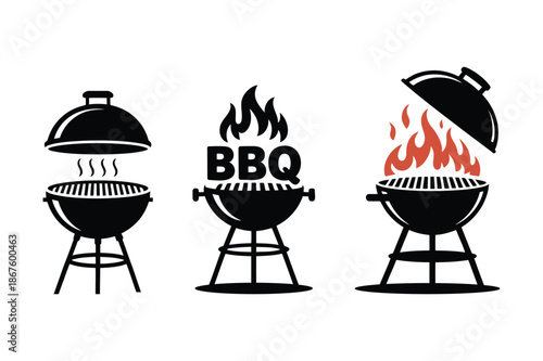 Barbecue Grill Icons with Flames and Steam