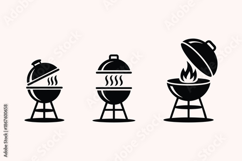 Black silhouette icons of barbecue grills on light pink background