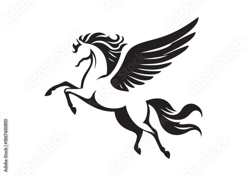 pegasus logo silhouette vector, horse with wings logo design icon vector illustration, magical fantasy horse vector silhouette, pegasus fly horse logo vector silhouette on white background