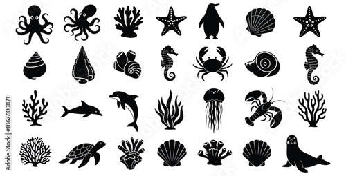 Collection of black and white silhouette icons depicting various vibrant marine life creatures and underwater flora for design projects