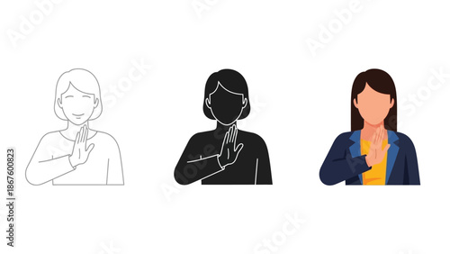 Collection of three distinct illustrations featuring a woman making a clear stop or halt gesture with her raised hand indicating refusal or boundaries