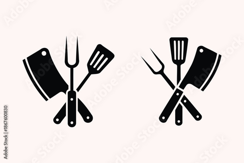Crossed Black Barbecue Utensils on Light Pink Background
