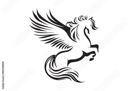 pegasus logo silhouette vector, horse with wings logo design icon vector illustration, magical fantasy horse vector silhouette, pegasus fly horse logo vector silhouette on white background