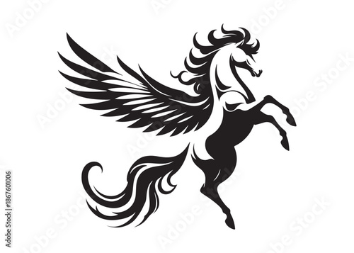 pegasus logo silhouette vector, horse with wings logo design icon vector illustration, magical fantasy horse vector silhouette, pegasus fly horse logo vector silhouette on white background