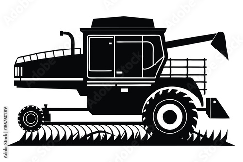 Distinctive combine harvester silhouette, detailed vector drawing, black and white, isolated on a clean white background.