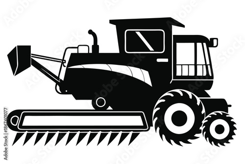 Side view combine harvester silhouette, minimalist vector art, black and white, isolated on plain white background.