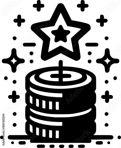 Starry Celebration: A stack of coins is topped by a radiant star, with celebratory sparkles, representing success and achievement.