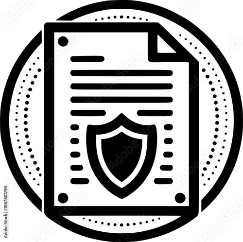 Secure Document: A minimalist depiction of a secure document, symbolized by a shield superimposed on a sheet of paper. Encased within a dotted circular frame, it conveys safety and trust.