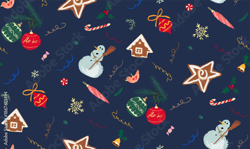 A festive, dark blue vector pattern featuring hand-drawn Christmas elements: gingerbread stars and houses, snowmen, candy canes, ribons, bells, pine springs and snowflakes. EPS 10