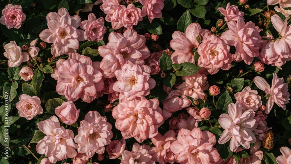 Fototapeta premium Pink flowers and green leaves in a dense floral arrangement.