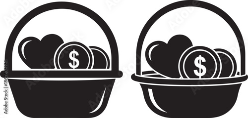 Baskets of money with hearts and coins
