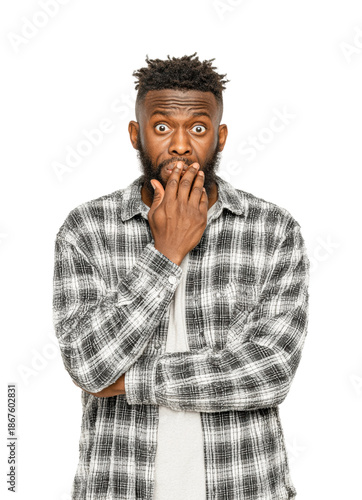 Surprised man expressing emotions in environment portrait, isolated on transparent background, png