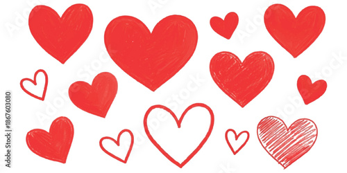 A collection of hand-drawn red hearts in various sizes and styles on a white background
