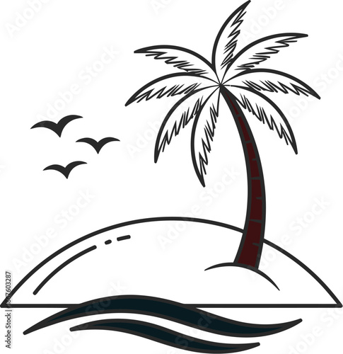 Black and white palm tree on an island with birds flying overhead