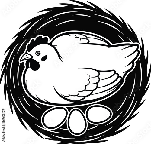 A white hen nestled in a nest with eggs black and white illustration