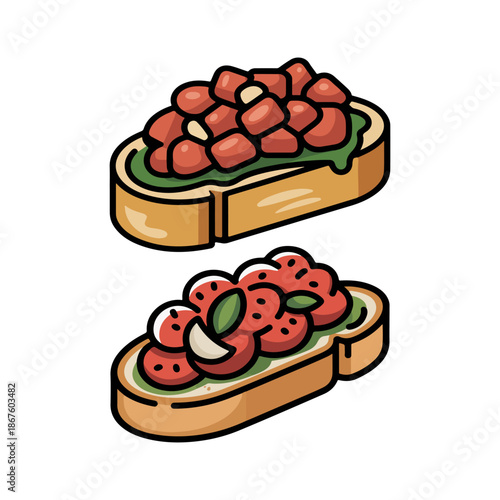  Italian bruschetta appetizers with tomato and basil vector illustration isolated on white background