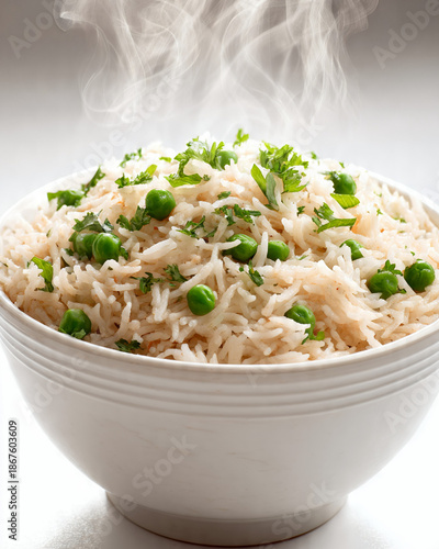 rice with peas on white background 