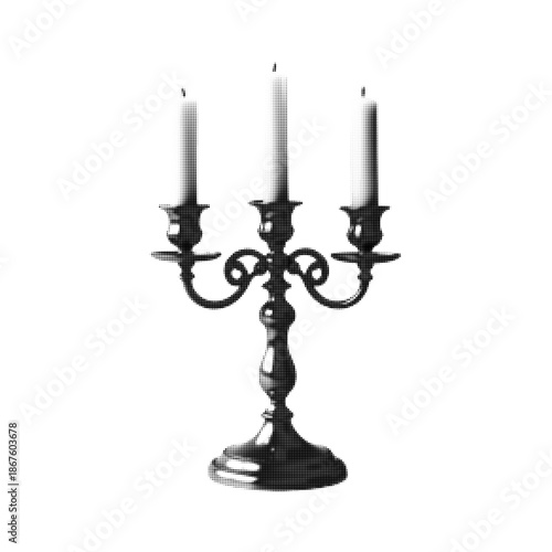Vintage candelabra silhouette in black halftone dot style on white background. Elegant classic candle holder illustration for decor design, luxury branding, gothic theme, and print.