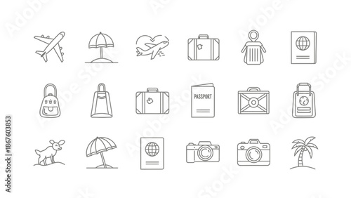 Summer Vacation and Beach Travel Line Art Icons