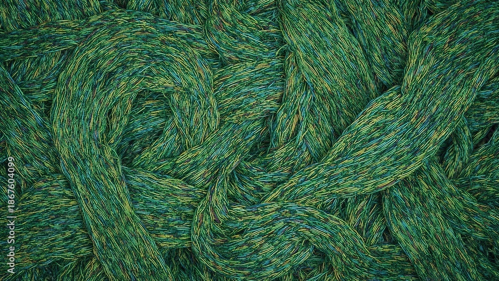 Fototapeta premium Close-up of tangled green and yellow rope fibers, showing detailed texture and intertwined strands.