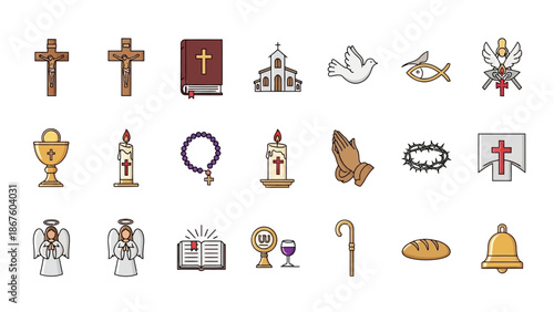 Christian Religion and Church Icons Set Flat Vector