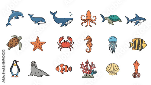 Sea Animals and Marine Life Icons Set Flat Vector Illustration