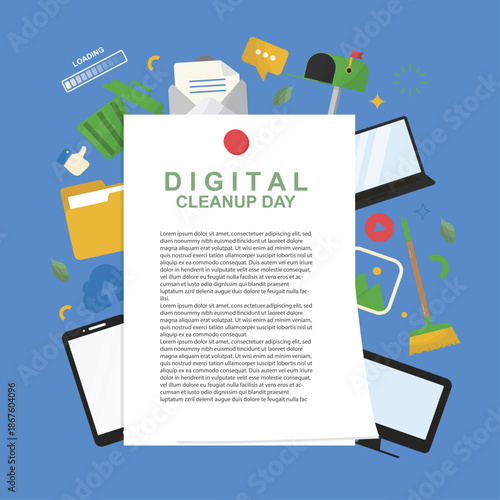 Flat digital cleanup day poster with paper sheet surrounded by laptops, mail, folders, and cleaning icons, ideal for eco awareness events and web campaigns. Green IT. Vector illustration