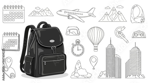 Travel and Adventure Line Art Icons Pattern with Backpack