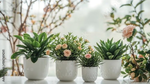 Wallpaper Mural Four potted plants and flowers arranged on a table with a blurred background. Torontodigital.ca