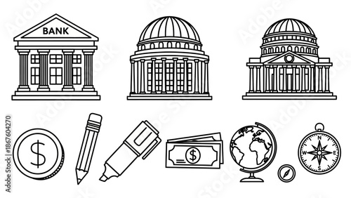 Government and Finance Line Art Icons Set - Building Symbols