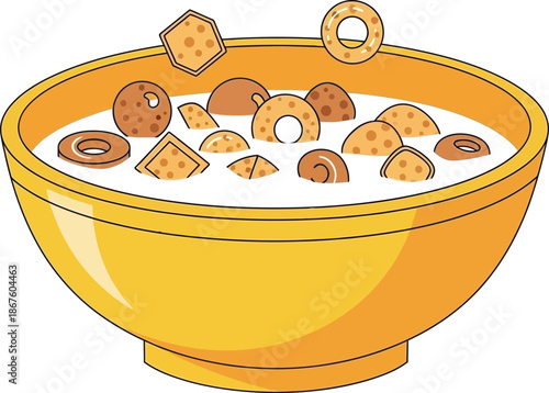 A bright yellow bowl filled with cereal and floating pieces of breakfast