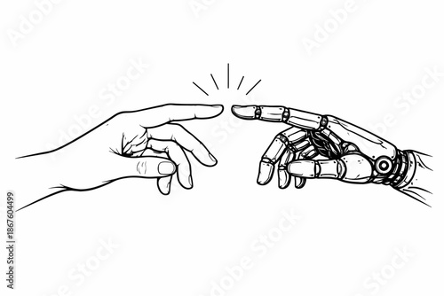 Human and Robot Hand Touching Fingers with Spark Black and White Vector Illustration
