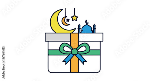 Vibrant Illustration of a Festive Gift Box with a Mosque, Crescent Moon, and Stars for an Islamic Celebration