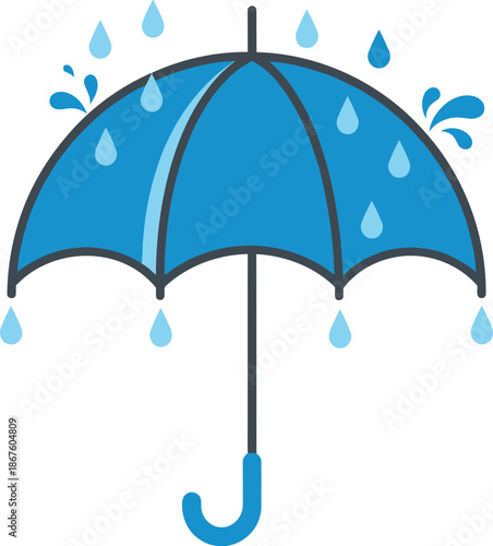 A simple blue umbrella with raindrops falling isolated on a white background