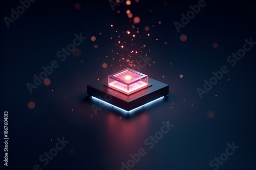 Glowing Cube on Platform with Sparkling Particles