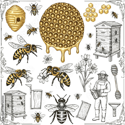 Create a Bee engraving. Honey bees, beekeeping farm and honeyed honeycomb vintage hand drawn vector illustration set