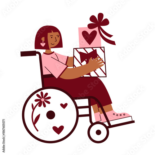 Happy disabled girl in a wheelchair with flower, gifts and heart symbols. Inclusive Valentines day. Self-love single holiday for disabled person. Self-care and well-being concept. Solo celebration.