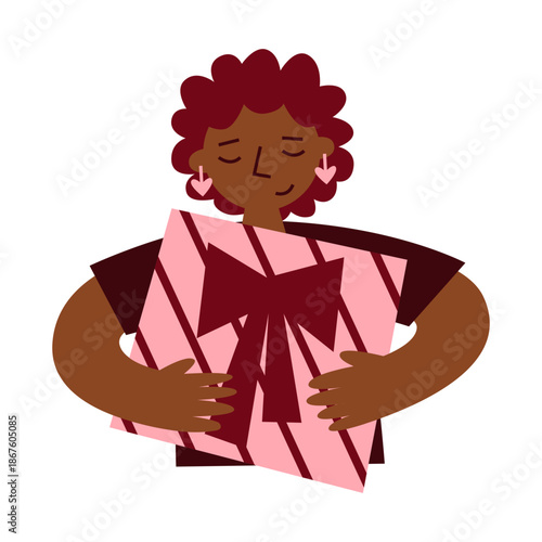 Self-love single Valentines holiday. Self-care, mindfulness and well-being concept. Solo celebration. Happy girl with gift and heart symbol.