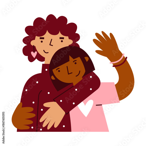 Happy girls hug together. Women friendship celebration on Valentines holiday. Galentine and nonromantic relationship concept.  Queer lgbt couple. Female friends vector illustration.