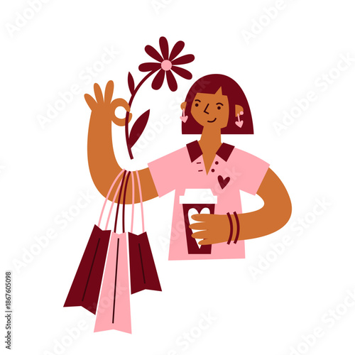 Girl with shopping bags, flower and coffee drink. Single happy person with self-love and acceptance. Solo valentines celebration.
