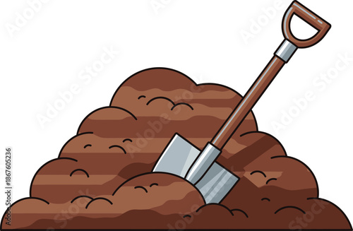 A cartoon depiction of a pile of dirt with a shovel stuck in it