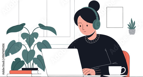 Focused young woman wearing headphones works diligently on her modern laptop computer while seated indoors near a bright window overlooking a distant city skyline