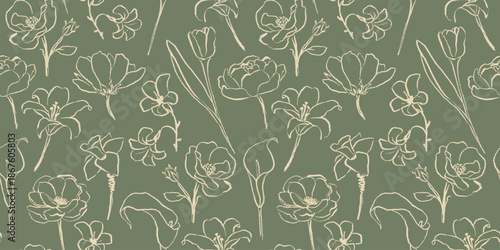 Hand drawn botanical flowers seamless pattern, organic floral background
