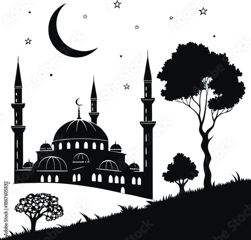 Calm Islamic evening vector scene mosque silhouette, silhouette of mosque in Istanbul