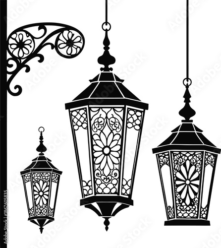 vintage street lamp, a set of three different shaped oriental lamps.