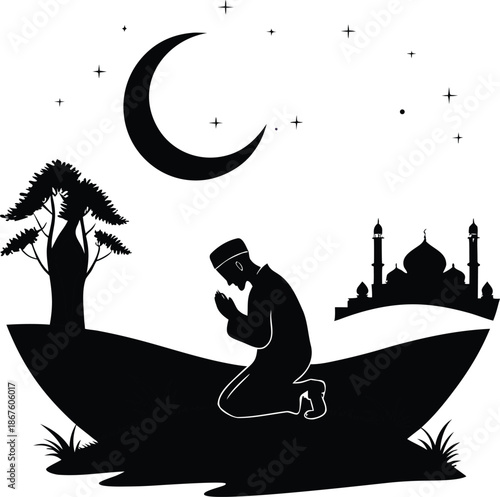 illustration of a man sitting on a boat, flat vector Islamic prayer scene person silhouette