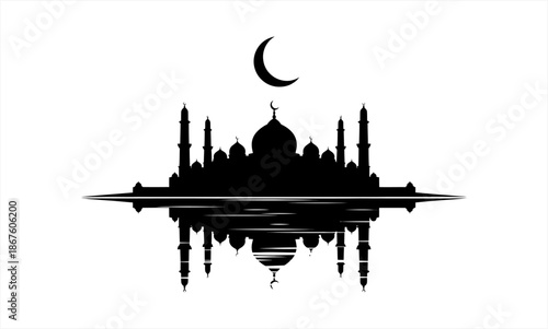 Silhouette of a mosque with a crescent moon and reflection.