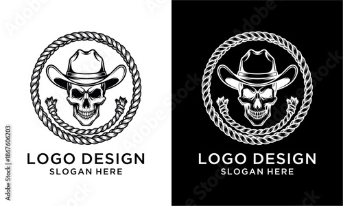 Skull wearing cowboy hat in rope circle logo design.